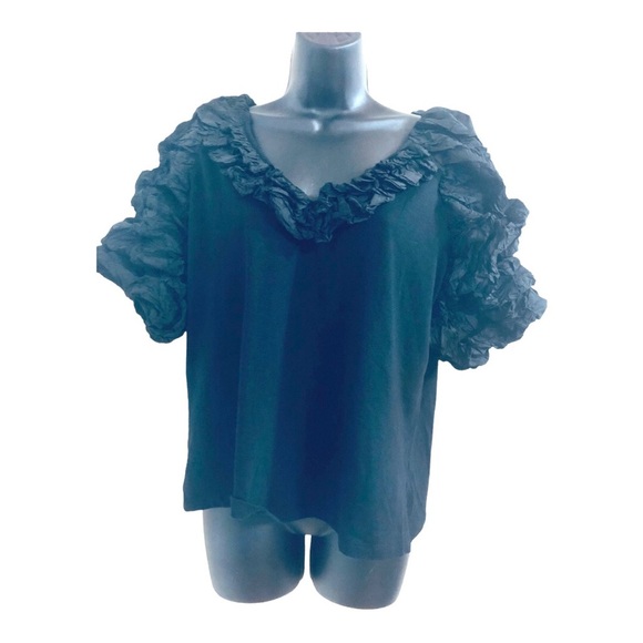Andrew Marc NY black v-neck‎ ruffle puffy neckline exaggerated sleeve top shirt - Picture 16 of 16